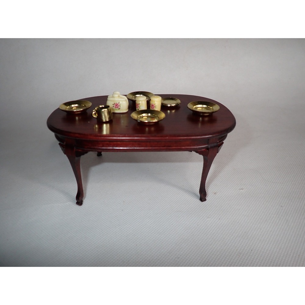 Miniature Dollhouse Dining Room Table w/ gold colored plates Napkin holder more